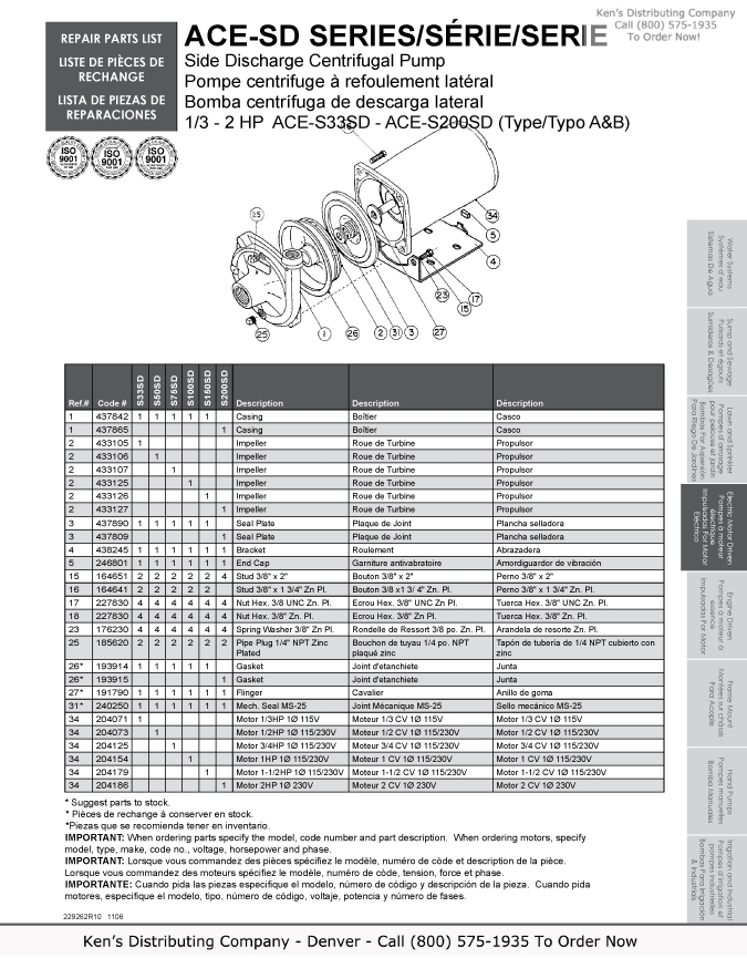 Monarch ACE-S50SD Series Centrifugal Pump Square Flange & Repair Parts 2 ACE S Series Repair Parts 1