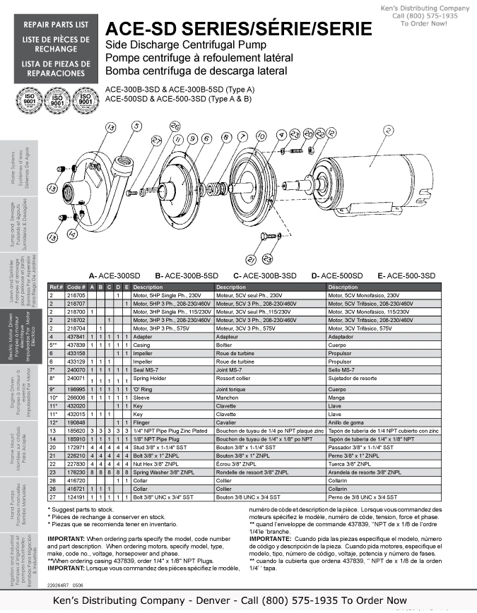 Monarch ACE-S50SD Series Centrifugal Pump Square Flange & Repair Parts 3 ACE S-Series Repair Parts 2