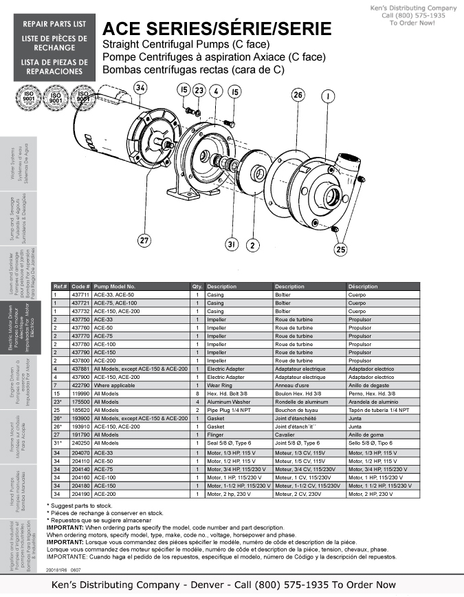 Monarch Industries ACE 33 – ACE 200 and Franklin Electric Water Pump FAC 50S – FAC 200T Centrifugal Pump with C-Face Motor & Repair Parts 2 ACE Series Repair Parts2