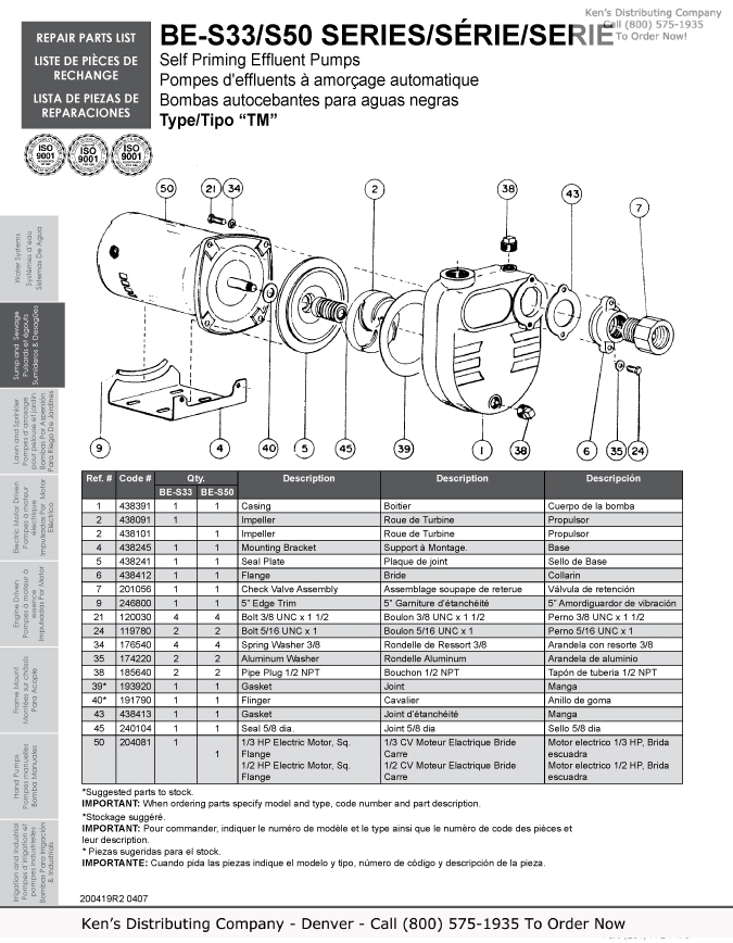 Monarch Industries BE-S50 Self Priming Effluent Water Pump 2 BE Series Repair Parts 1