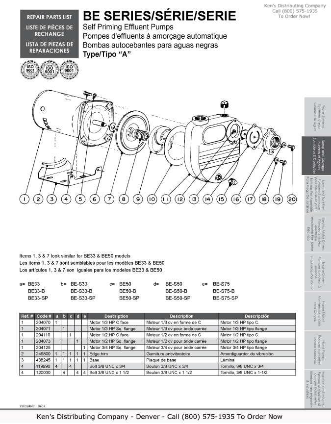 Monarch Industries BE-S50 Self Priming Effluent Water Pump 3 BE Series Repair Parts 2