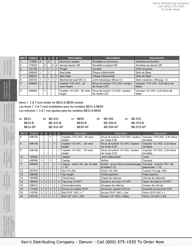 Monarch Industries BE-S50 Self Priming Effluent Water Pump 4 BE Series Repair Parts 3