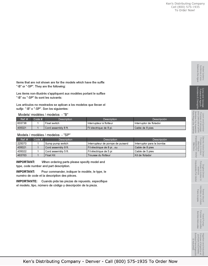 Monarch Industries BE-S50 Self Priming Effluent Water Pump 5 BE Series Repair Parts 4