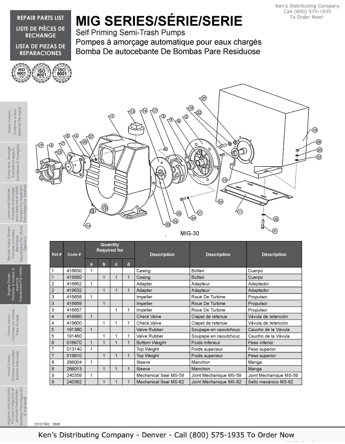 Monarch Industries Water Pump MIG Self Priming Semi-Trash Pump & Repair Parts 3 MIG Repair Parts 1